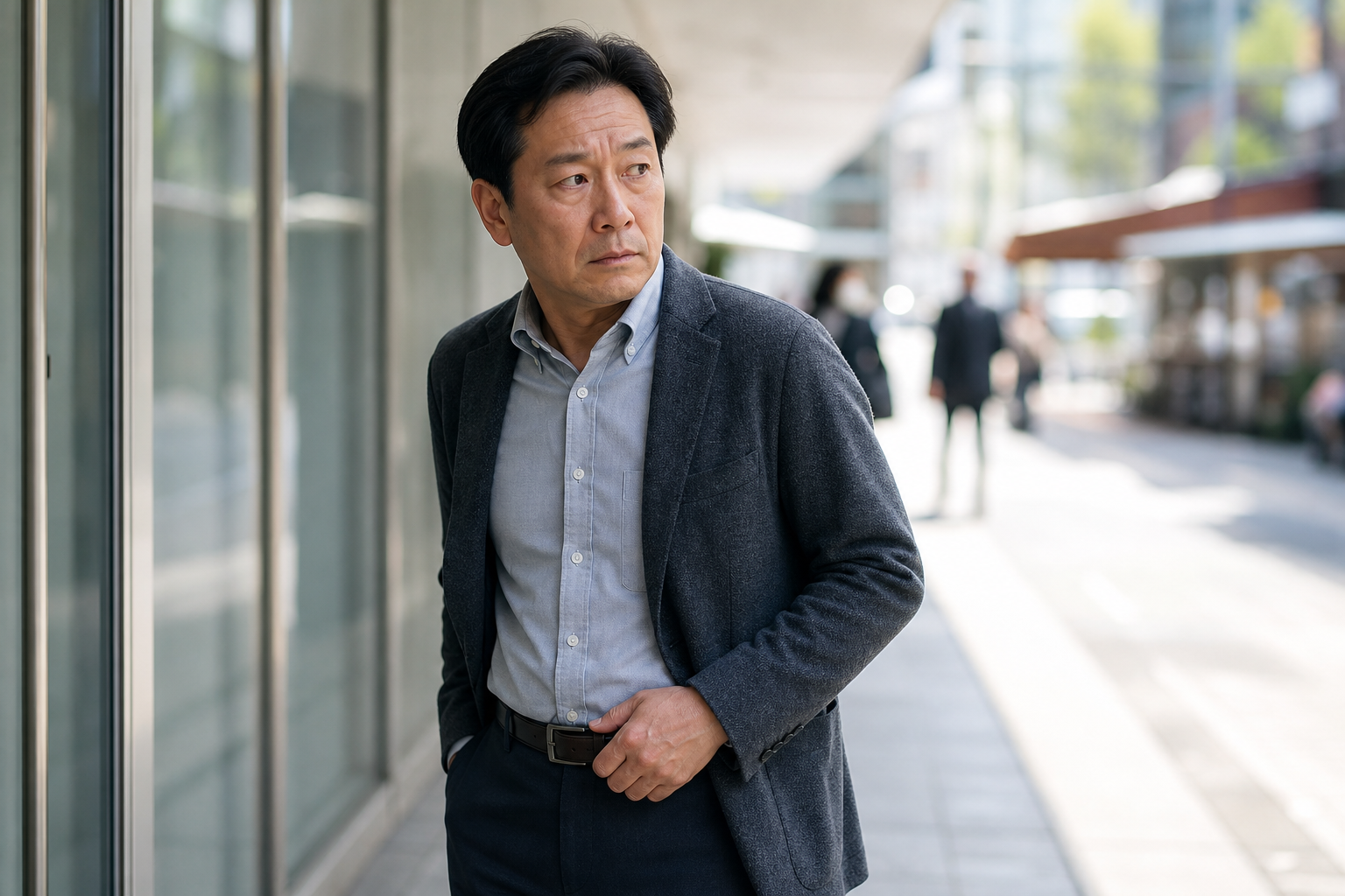 외출 중 갑자기 불편한 표정으로 화장실을 찾는 중년 남성