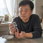 혈당측정기로 손끝 채혈 검사를 하며 결과를 확인하는 중년 남성