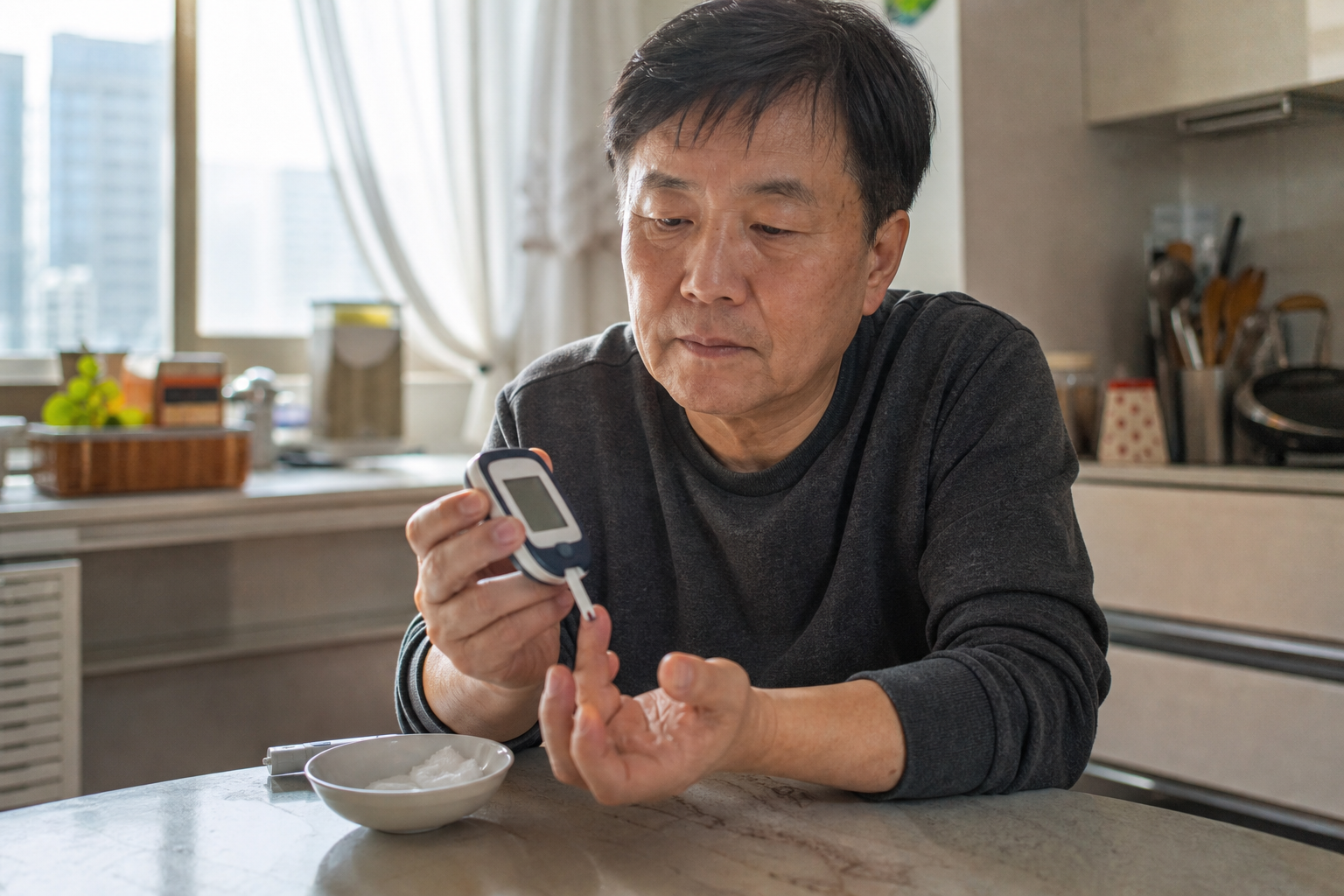 당뇨병 초기증상과 2026년 달라진 관리법 2 혈당측정기로 손끝 채혈 검사를 하며 결과를 확인하는 중년 남성