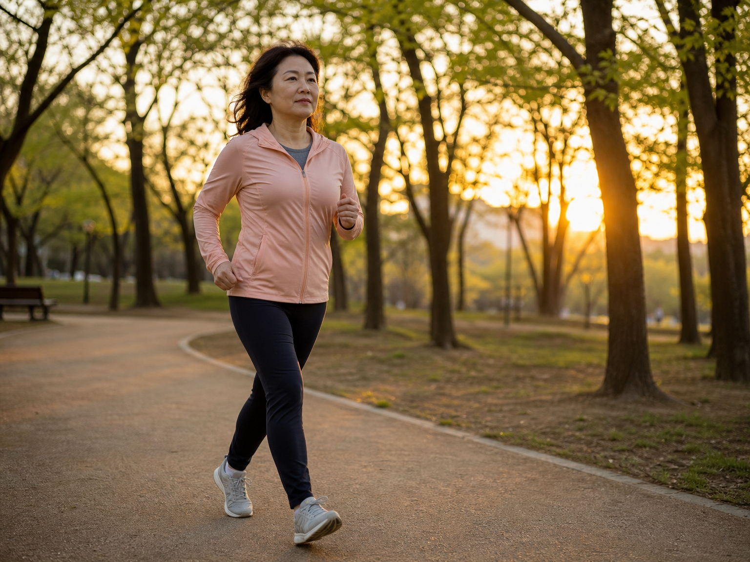 당뇨병 초기증상과 2026년 달라진 관리법 4 저녁 시간 공원에서 빠르게 걷기 운동을 하는 중년 여성