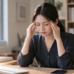 관자놀이를 손으로 누르며 눈을 감고 있는 여성, 머리를 조이는 듯한 두통을 표현