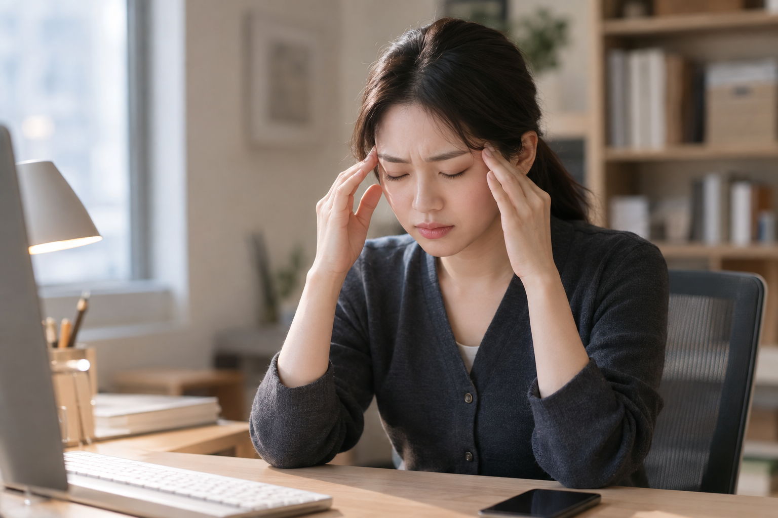 관자놀이를 손으로 누르며 눈을 감고 있는 여성, 머리를 조이는 듯한 두통을 표현